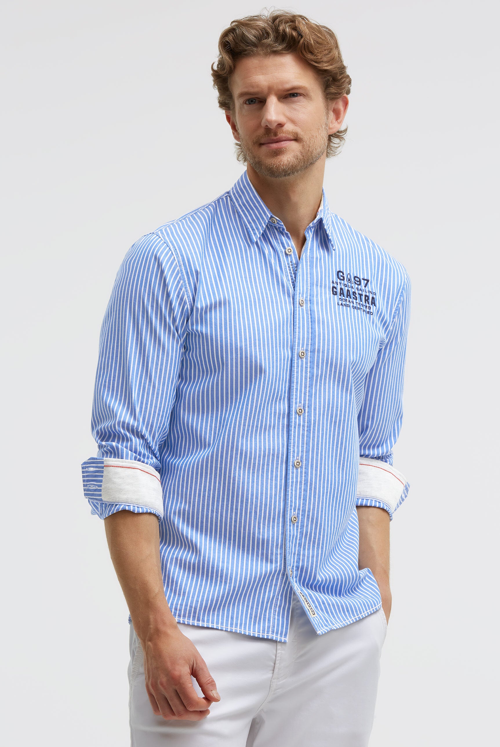 Oxford Langarmhemd gestreift mit Artworks blue horizon