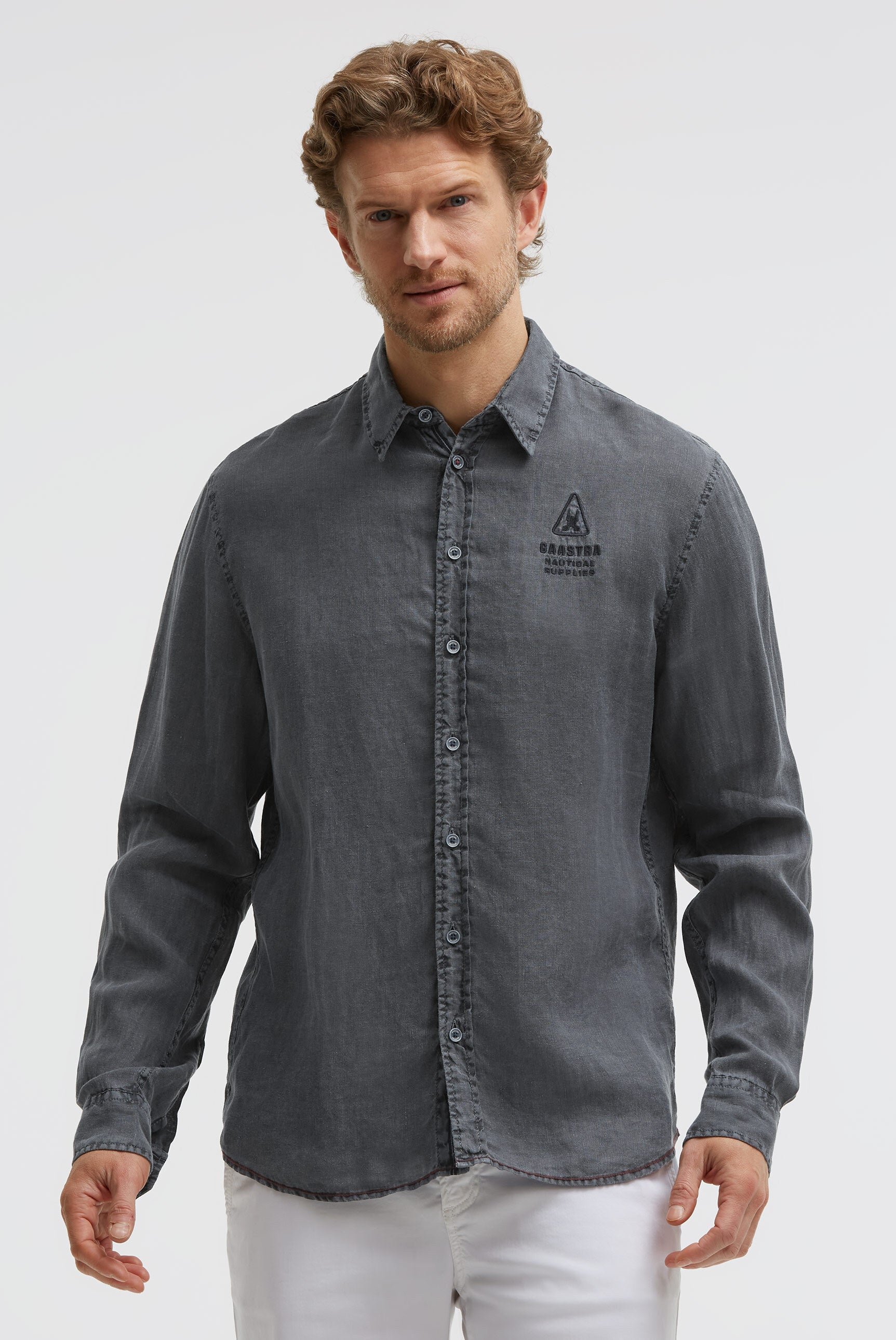 Leinenhemd Langarm mit Logo-Stickerei blue navy