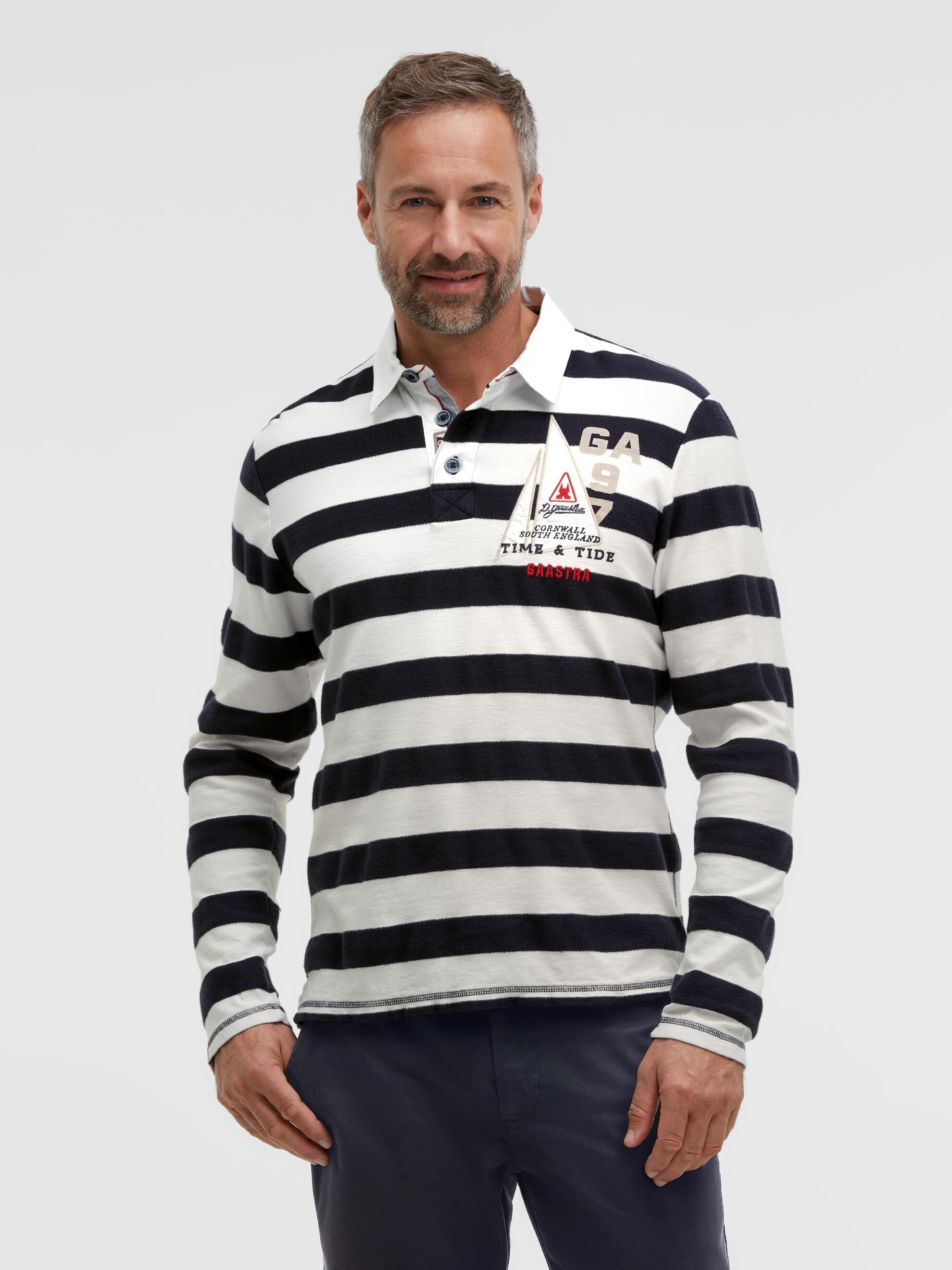 Gestreiftes Langarmpolo mit Artwork ivory